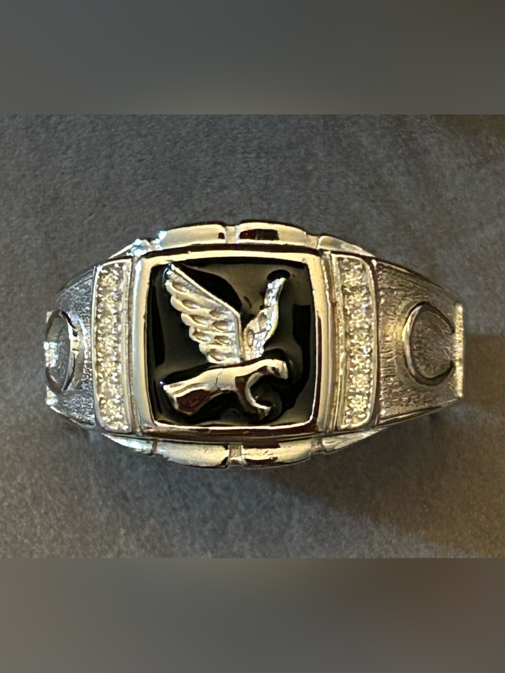 925 SSilver Signet Ring w/0.50CTW Moissanite Black Enamel Eagle Motif 4.48 Grams